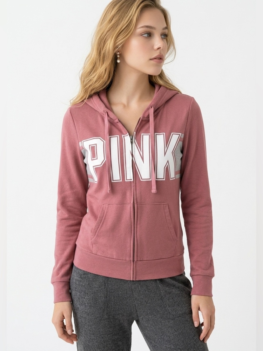 Victoria’s Secret PINK Womens XS Zip Front Hoodi Sweatshirt Burgundy Long Sleeve